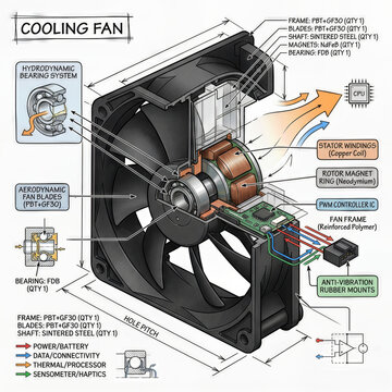 Cooling fan parts and function overview for computer systems and electronic devices diagram