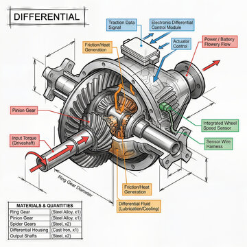 Understanding the function and parts of a differential system in a vehicle during a technical presentation