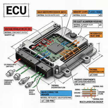 Diagram shows details of an engine control unit with components labeled clearly and functions explained for better understanding