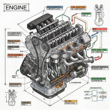 Detailed diagram showing the components of an internal combustion engine with labeled parts and their functions