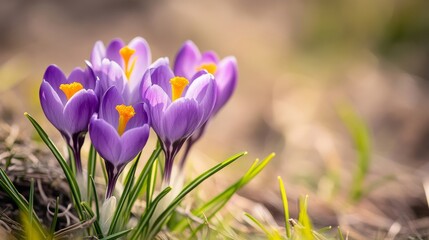 Fototapeta premium Crocus blossoms bloom in early spring, marking the arrival of warmer days and new life in the garden