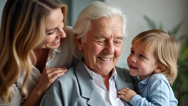 Elderly grandparent sitting calmly while smiling daughter embrace closely in ight room, concept of healthcare, family, senior care
