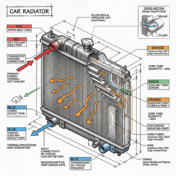 Details about a car radiator and its parts shown in a diagram with labeled components and flow directions