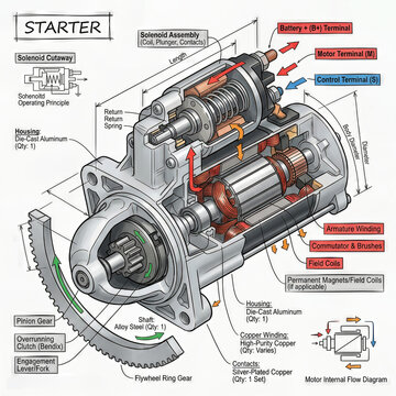 Detailed view of a starter motor showing internal components and assembly in a clear layout for understanding how it works