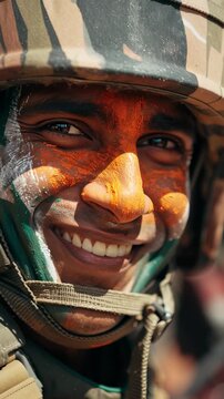 Realistic illustration Side close-up of a soldier wearing camouflage helmet with Indian flag patch and subtle face paint. Indian Soldier portrait for advertising and information.