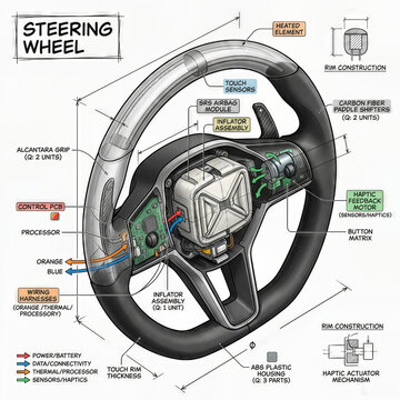 Detailed view of a steering wheel design showing components, features, and connections used in modern vehicles