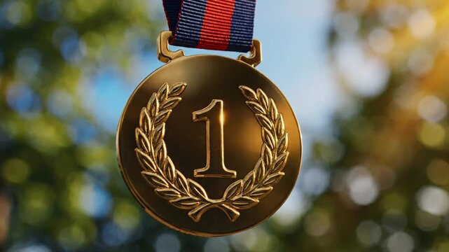Gold first place medal hanging with laurel wreath.