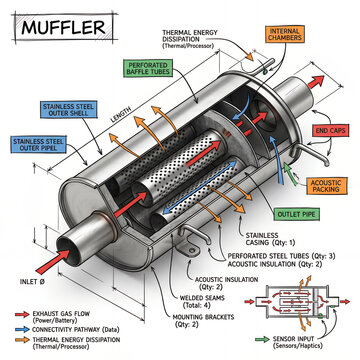 Muffler diagram showing parts, functions, and flow of exhaust gas and thermal energy in a vehicle in a workshop setting