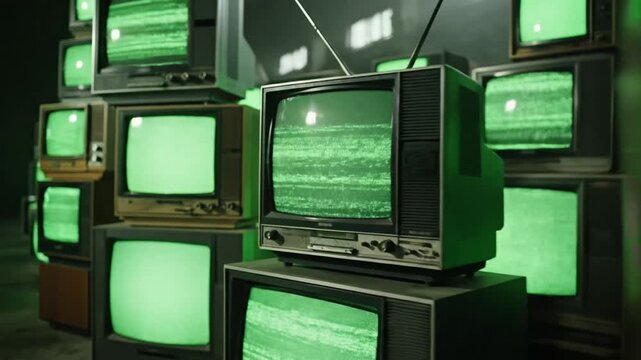 Rows of Vintage Green CRT Televisions Create Retro Tech Atmosphere.