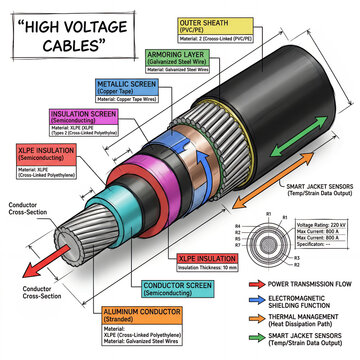 Details of high voltage cables showing layers and materials used in construction for electrical systems