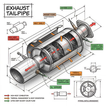 Detailed drawing of an exhaust tailpipe showing components and heat management features in auto design
