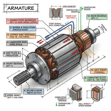 Detailed view of an armature with labeled parts and components, showing electrical connections and functions