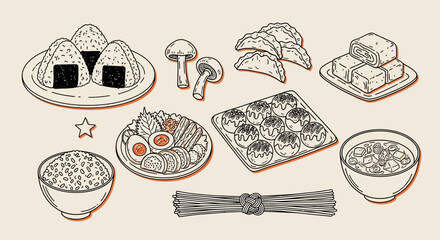 Illustration of various japanese foods including onigiri takoyaki and ramen © Ashok
