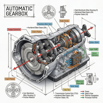 Detailed view of an automatic gearbox showing internal components and their functions