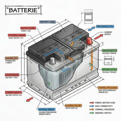 Battery structure and components with labels showing functions and connectivity