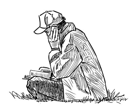 Student boy with book talking on smartphone sitting on grass lawn, profile view, realistic sketch, outline hand drawn vector illustration