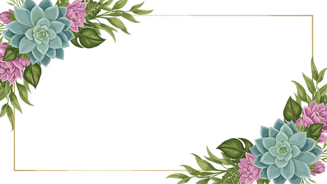 Rectangular gold frame with beautiful green succulents and pink protea flowers in the corners surrounded by lush foliage on a white background for text.