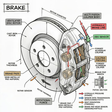 Detailed view of a car brake system showing various parts and functions in a technical diagram made for educational purposes