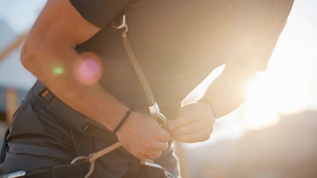 A safety training session highlights the use of a fall arrestor device with hooks, demonstrating its crucial role in fall protection strategies and adherence to workplace safety training protocols