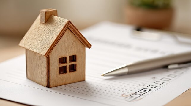 A small wooden house model on a desk with a pen and paper