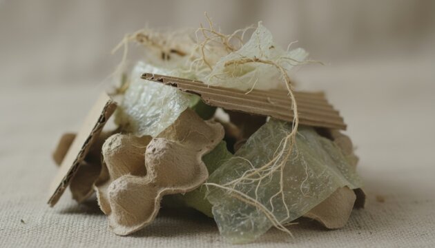 A close-up view of a pile of compostable packaging materials, showcasing eco-friendly disposal and sustainability concepts.