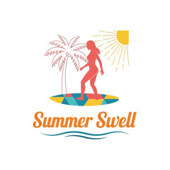 Woman Surfing on a Colorful Surfboard with Palm Tree.