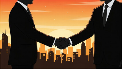 Fototapeta premium Two businessmen shaking hands in front of a city skyline at sunset.