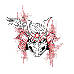 Cyber Samurai Mask with Binary Code Overlay - Digital Warrior, Japanese Culture & Technology Fusion