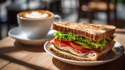 Delicious toasted ham and cheese sandwich with fresh lettuce and tomato served with a cup of latte on a wooden table in a cafe