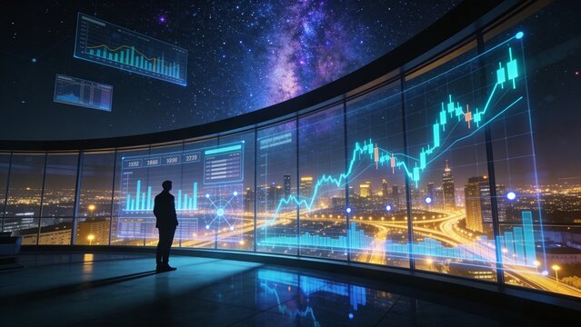 Visionary leader analyzing dynamic holographic financial charts and market trends over a futuristic city, symbolizing global economic foresight and technological innovation for a data-driven world