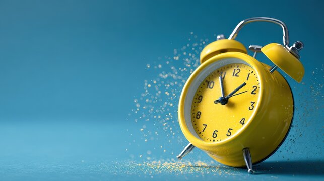 Yellow analog alarm clock with exploding gold glitter particles on blue background, time management concept