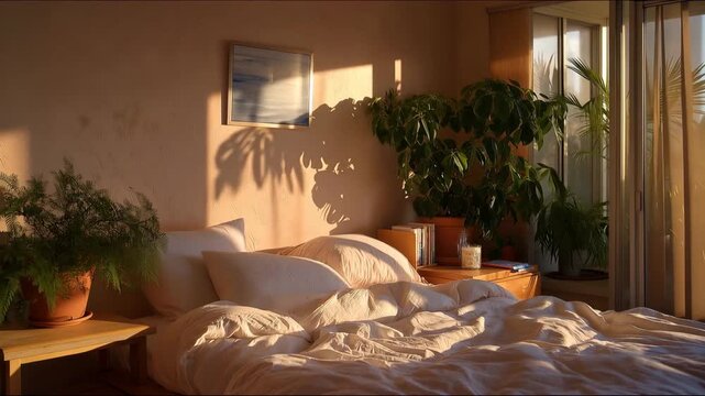 A tranquil corner of a sunlit bedroom featuring soft bedding, houseplants, and a small side table with personal items, creating a warm and inviting retreat for restful sleep. cinematic color