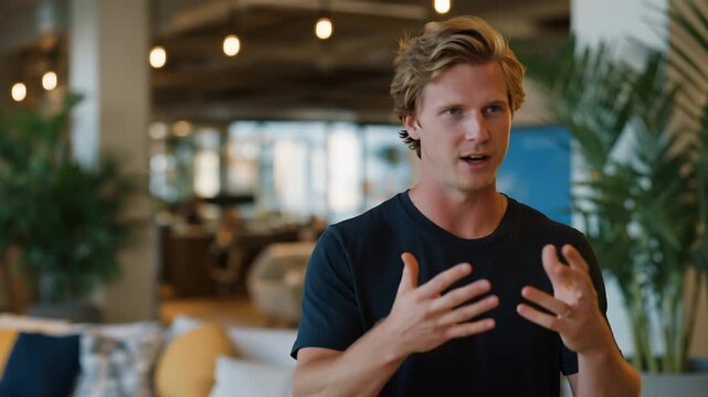 A vibrant coworking space features a powerful pitch session, with an enthusiastic entrepreneur standing in front of a diverse group of professionals, sharing a revolutionary app concept that