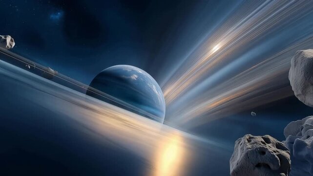 A vibrant illustration features an asteroid floats close to a blue gas giant, with its rings reflecting sunlight, creating a striking cosmic tableau that emphasizes the intricate relationships