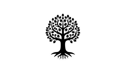 Minimal Tree of Life silhouette vector with symmetrical leaves and roots logo design isolated on white