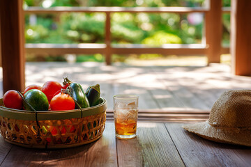 夏の陽射しが差し込む日本の古い民家の縁側に置かれた籠入りの夏野菜と麦わら帽子と冷たいお茶