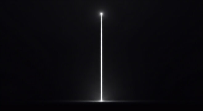 A single bright white light beam emerges from darkness, creating a vertical illuminated line against a black backdrop