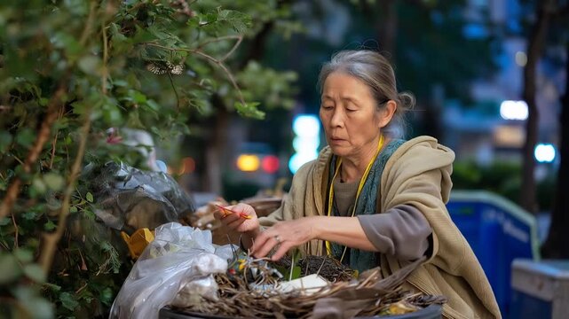 A woman sifting through a collection of discarded items beside a trash bin illustrates the struggles of poverty, reflecting the daily realities faced by those trying to survive in difficult