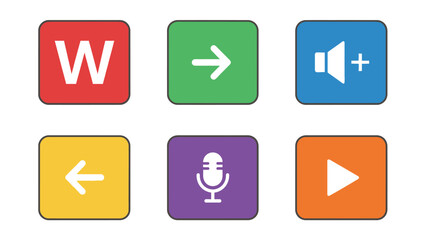 Colorful UI Icons: Play, Record, Volume, Navigation Arrows, and Letter W