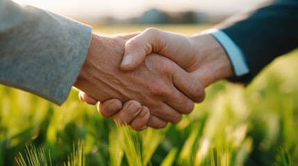 Two businessmen shaking hands in a field of green grass