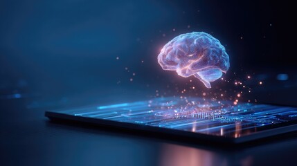 A glowing digital brain emerges from a laptop keyboard