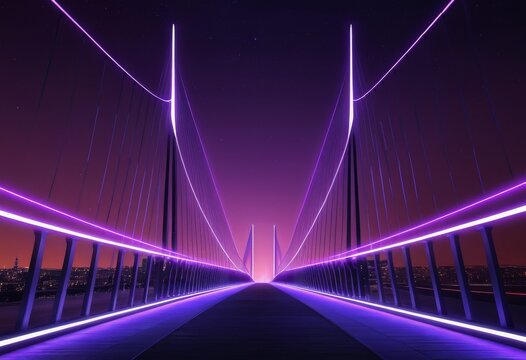 Futuristic suspension bridge illuminated with neon lights at night