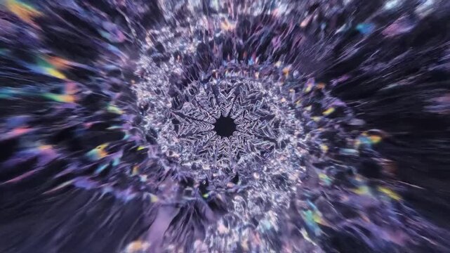 Abstract geometric shapes form a glowing tunnel vortex in deep space