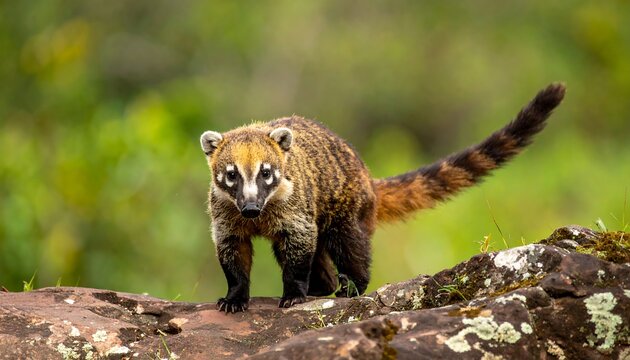 South American coati with distinctive banded tail stands on rock, looking directly at camera