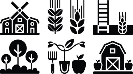 Agriculture farming icon set featuring barn windmill wheat tree tools and fruit black silhouette vector illustration isolated background © Shaqbia