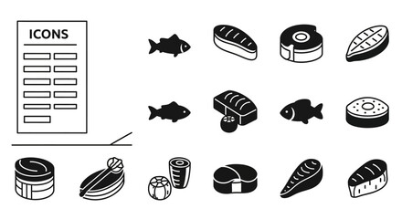 Collection of sushi and seafood icons with template in monochrome illustrations © Seth