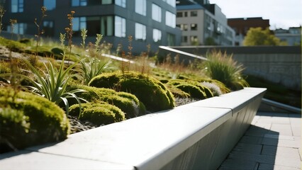 Fototapeta premium Sustainable urban design concept with cool reflective pavement and drought-resistant green moss for climate resilience