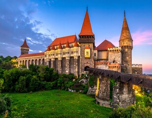 Fototapeta premium Stone castle with red roofs at sunset, featuring a wooden bridge over green foliage