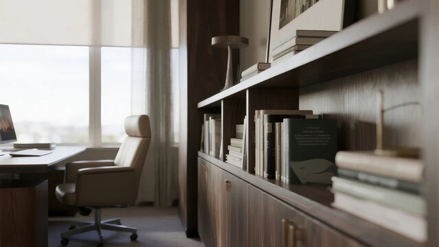 Blurred modern corporate study interior with bookshelf and window light for professional video conference virtual background