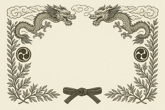 Certificate dan grade diplom karate. Old vintage diplom paper, with frame texture background art design.